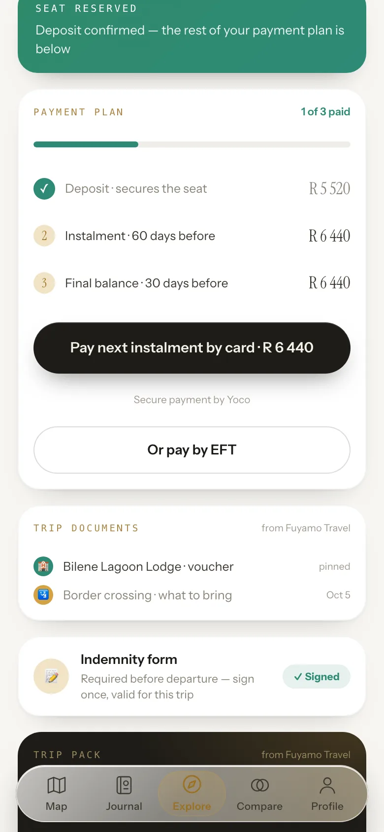 A booked trip in Yamo: seat reserved, payment plan with a pay button, documents and indemnity
